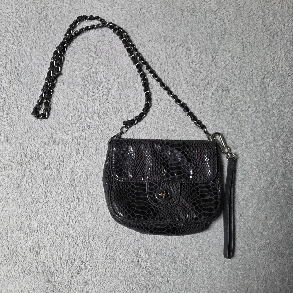 Limited Womens OS Crossbody Bag Black Snakeskin Faux Leather Chain Strap